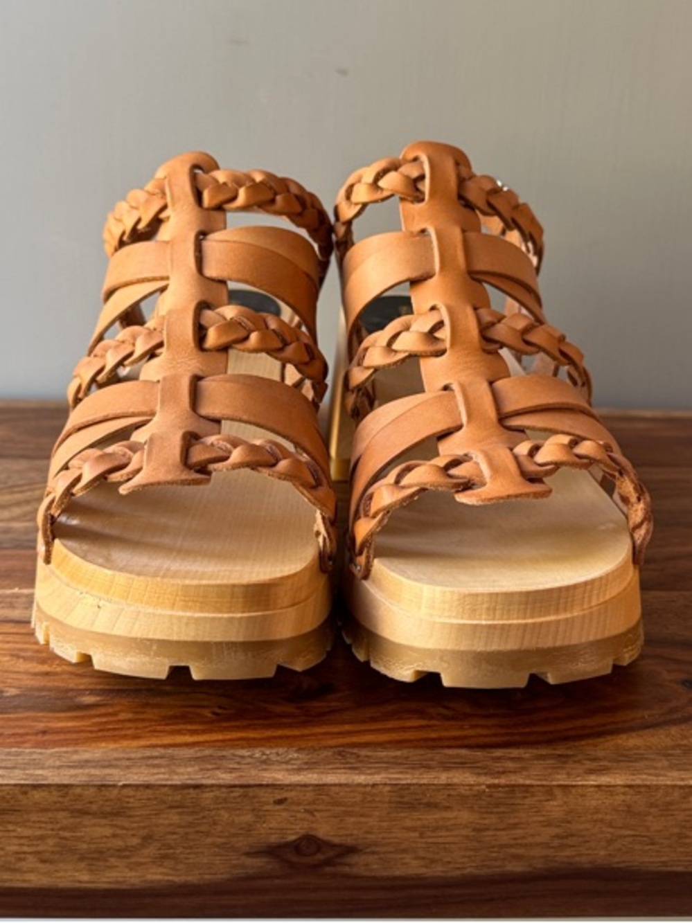 New Swedish Hasbeens Braided Tan Leather Wood Platform Sandals - Picture 2 of 10